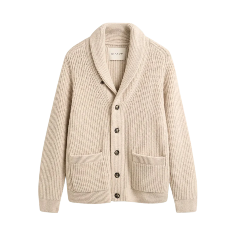 Ribbed Wool Blend Shawl Cardigan - Light Beige Melange