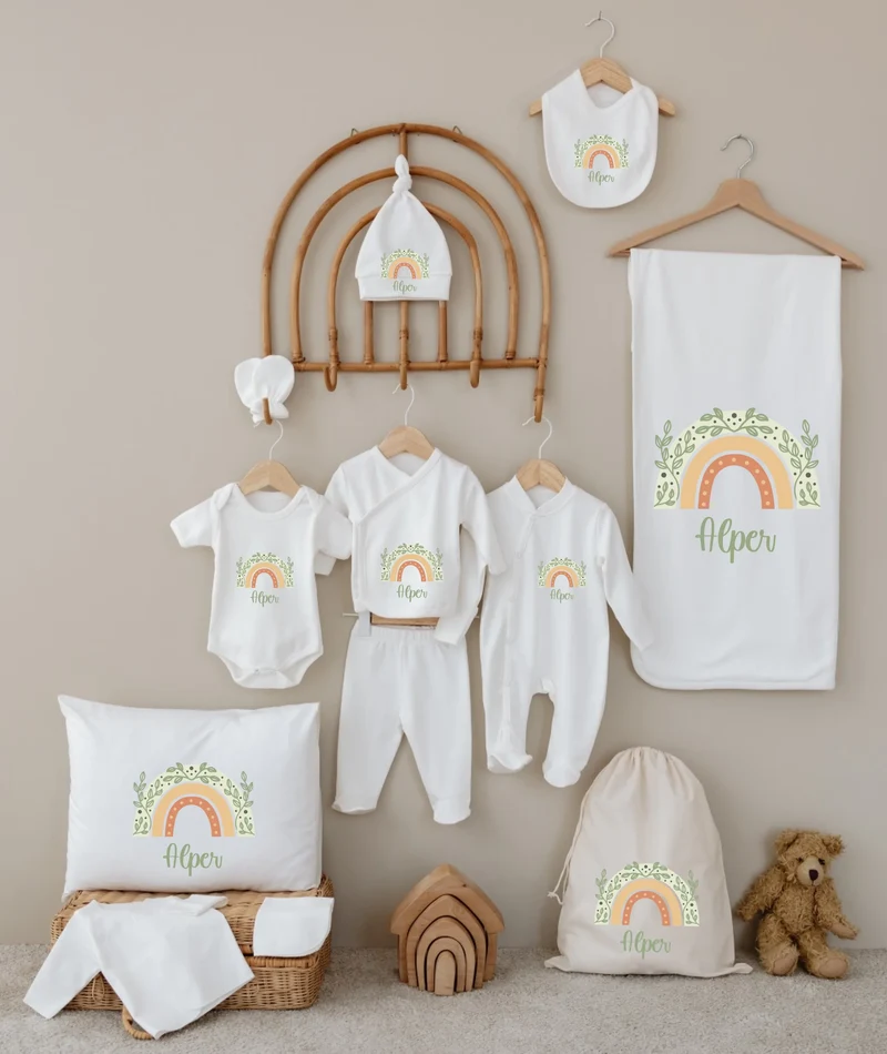 Boheems regenboog - Gepersonaliseerde 12-delige Babykleding Cadeauset met Naam