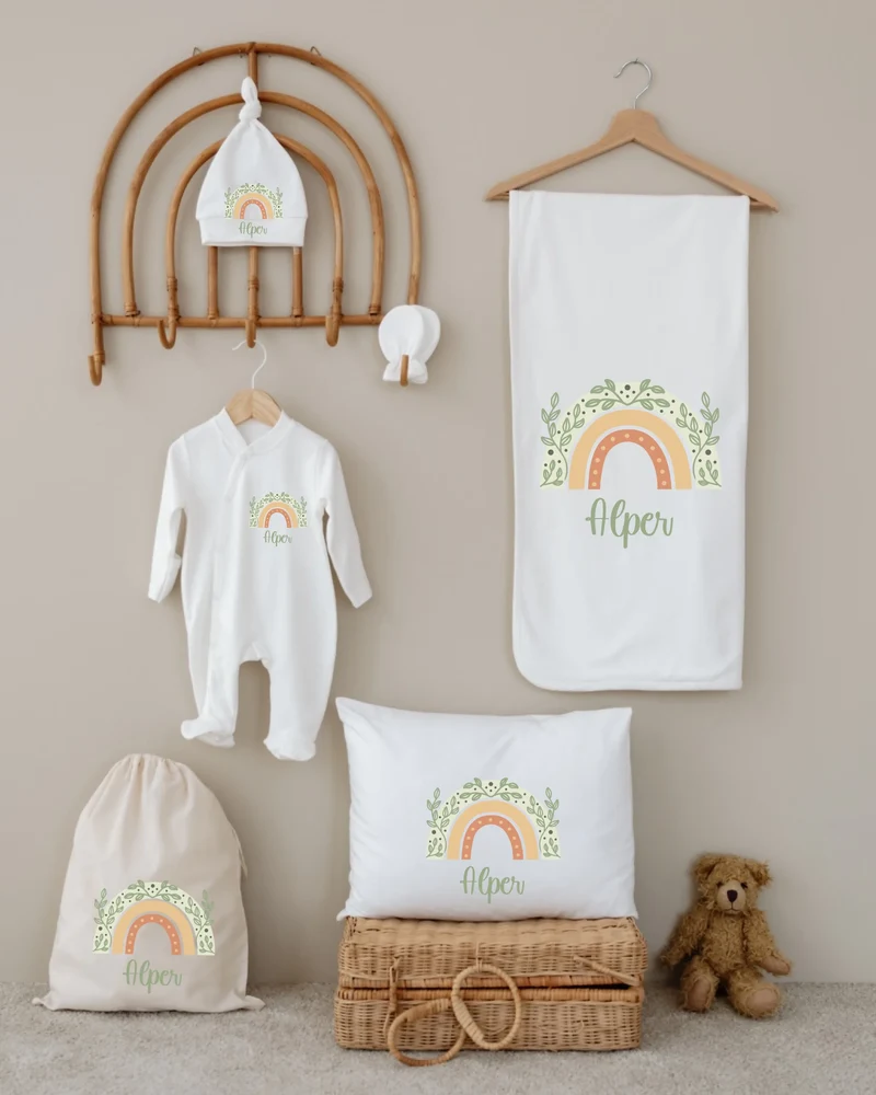 Boheems regenboog - Gepersonaliseerde 6-delige Newborn Cadeauset met Naam