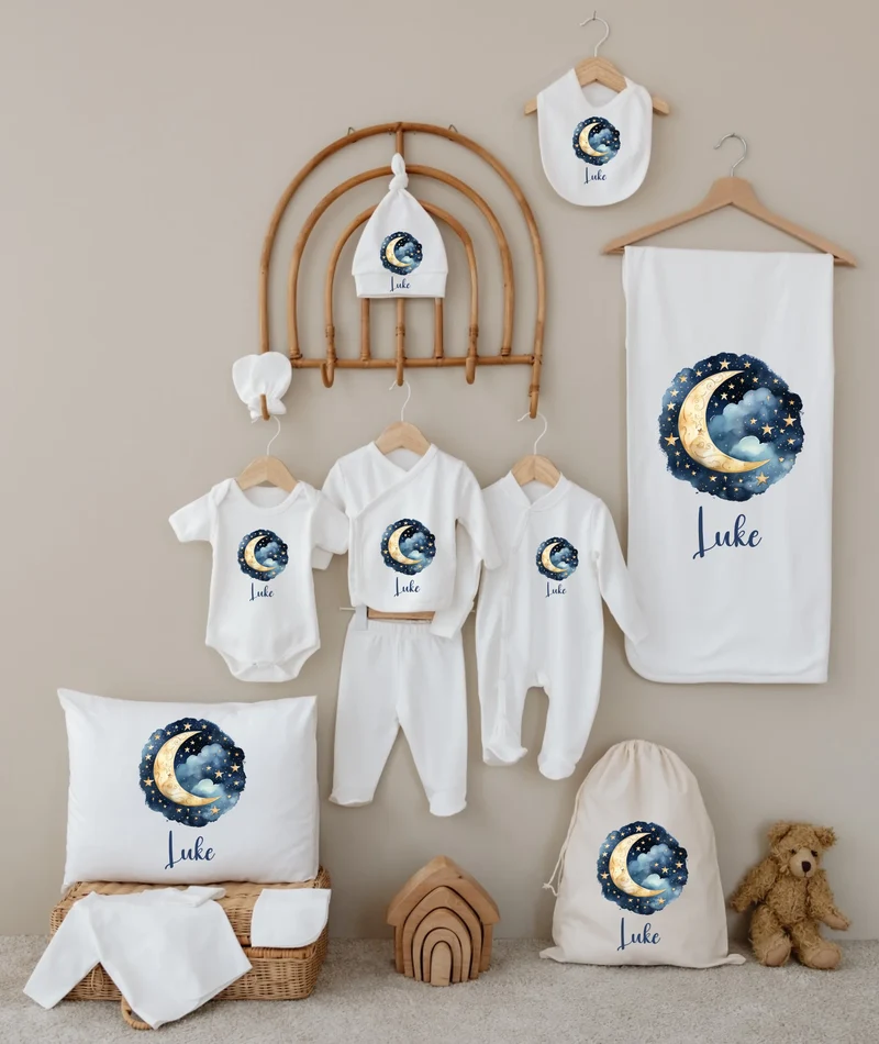 Maan en sterren - Gepersonaliseerde 12-delige Babykleding Cadeauset met Naam