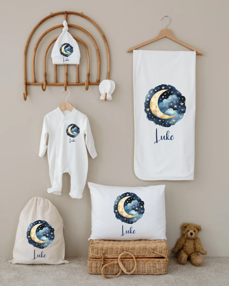 Maan en sterren - Gepersonaliseerde 6-delige Newborn Cadeauset met Naam