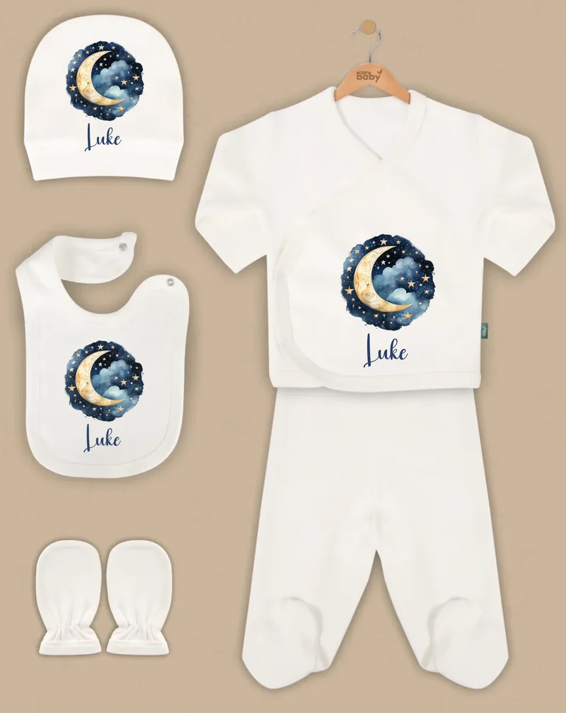 Maan en sterren - Goedkope 5-Delige Gepersonaliseerde Babykleding Cadeauset