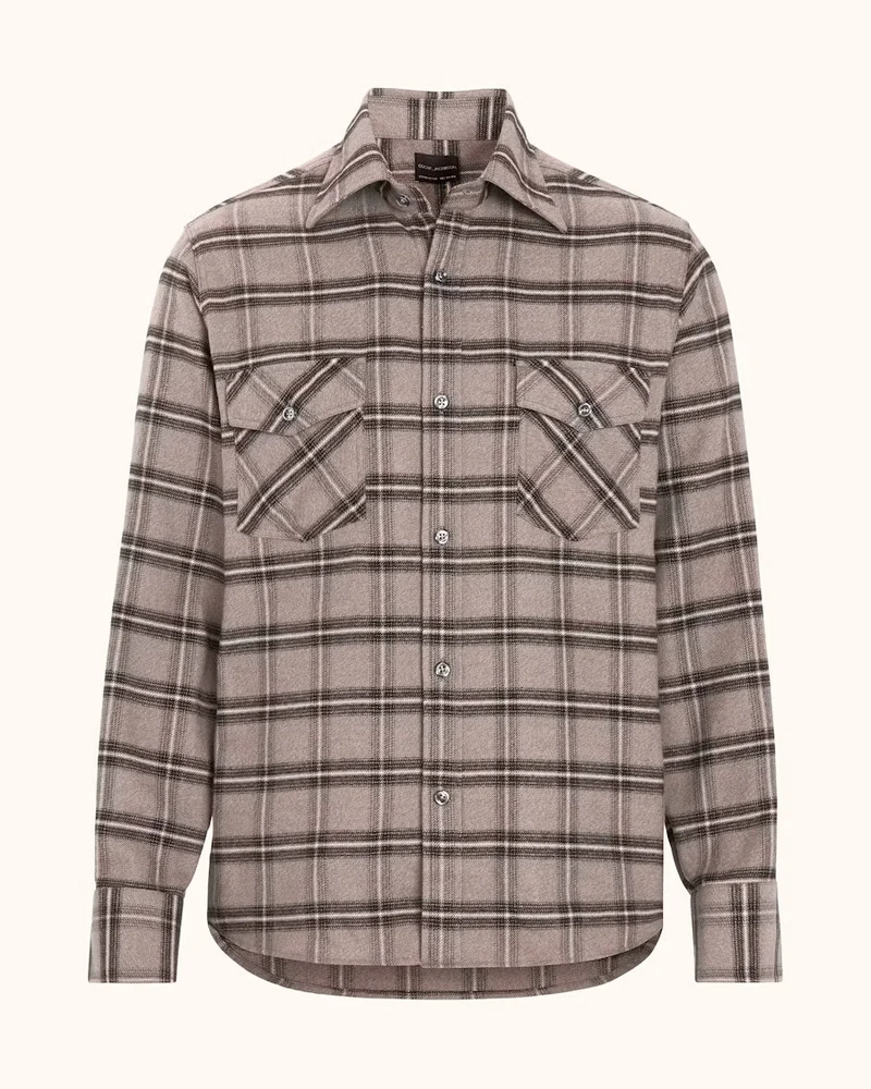 OSCAR JACOBSON Spread Check Flannel Shirt Straight Fit - Nubuck Beige