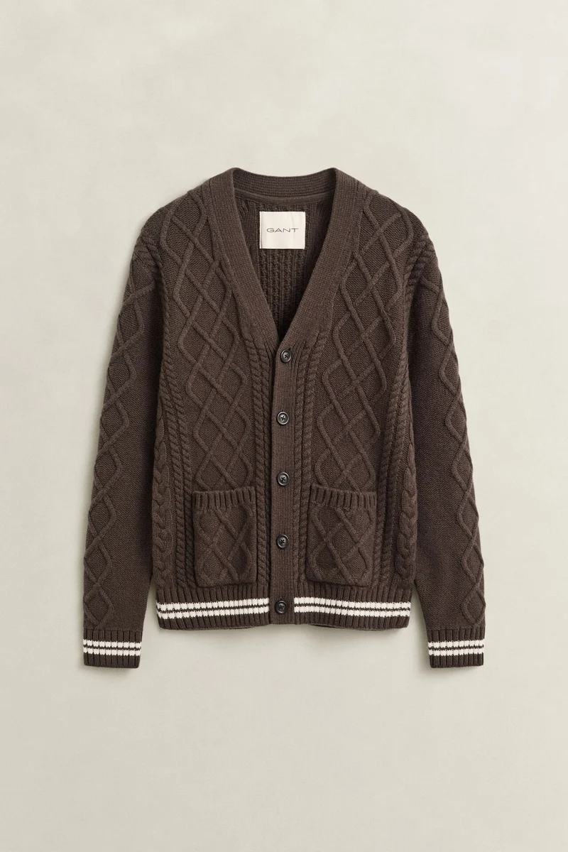 GANT Wool Blend Cable Cardigan - Shadow Brown