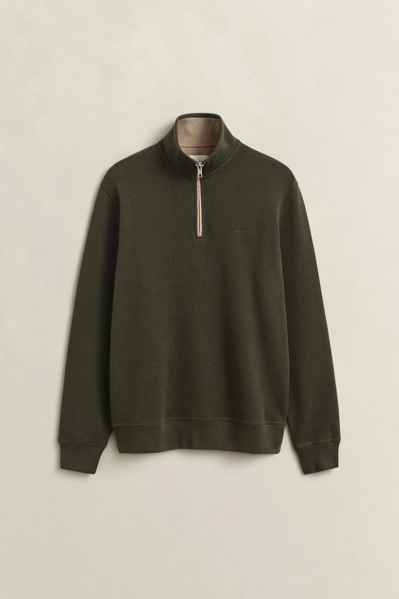 GANT Sacker Rib Half Zip Sweatshirt - Dark Moss Green