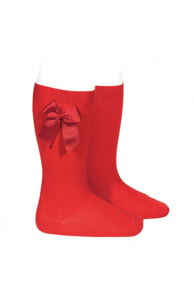 Cotton Knee Socks w/ Side Bow - Red