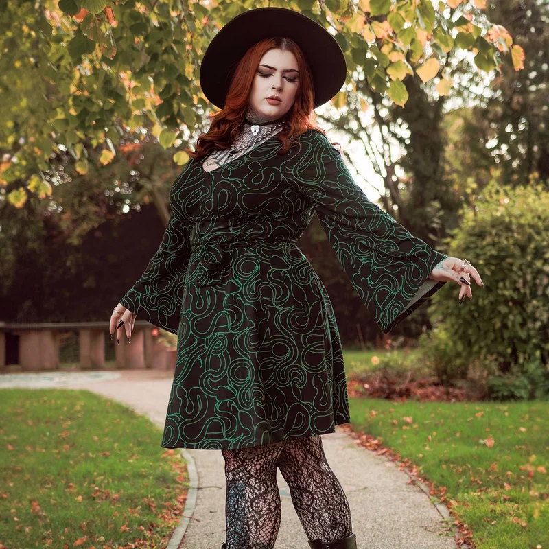 Corra Bell Sleeve Mini Dress - Foliage & Black