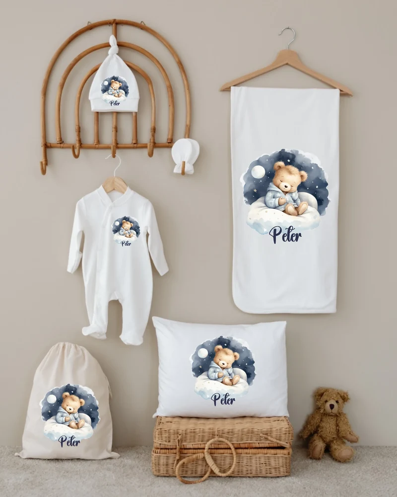 Teddybeer - Gepersonaliseerde 6-delige Newborn Cadeauset met Naam