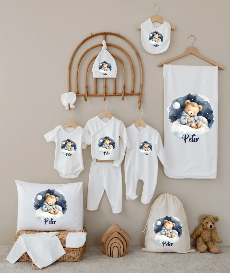 Teddybeer - Gepersonaliseerde 12-delige Babykleding Cadeauset met Naam
