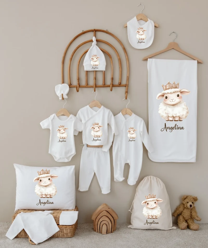 Lammeren - Gepersonaliseerde 12-delige Babykleding Cadeauset met Naam