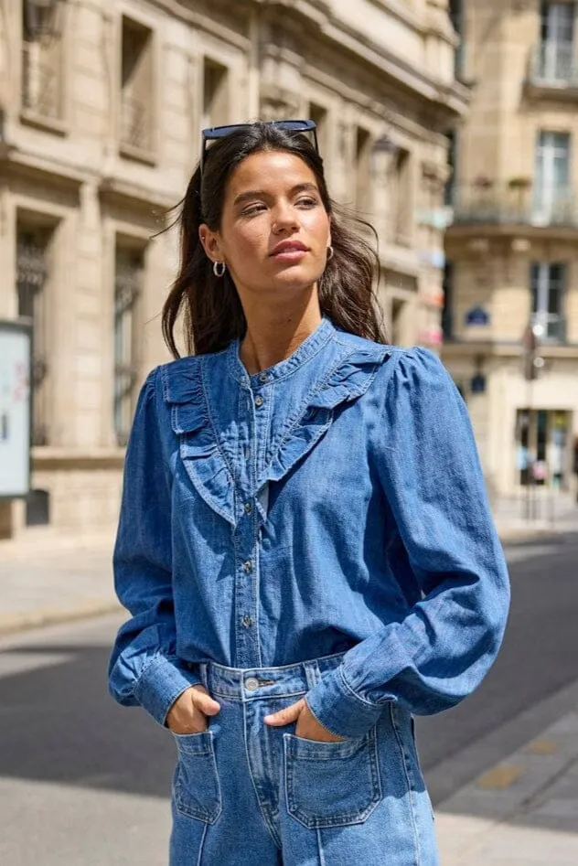 Only - Onldasha-Sevigny L/S Frill Shirt Akm - 4803471 Medium Blue Denim