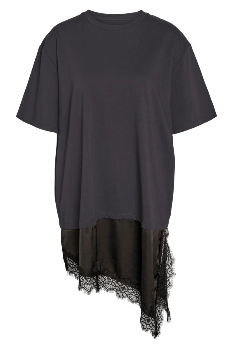 Noisy May - Nmfilla S/S Oversize Satin Lace T-Shirt - 5162243 Obsidian Black Lace