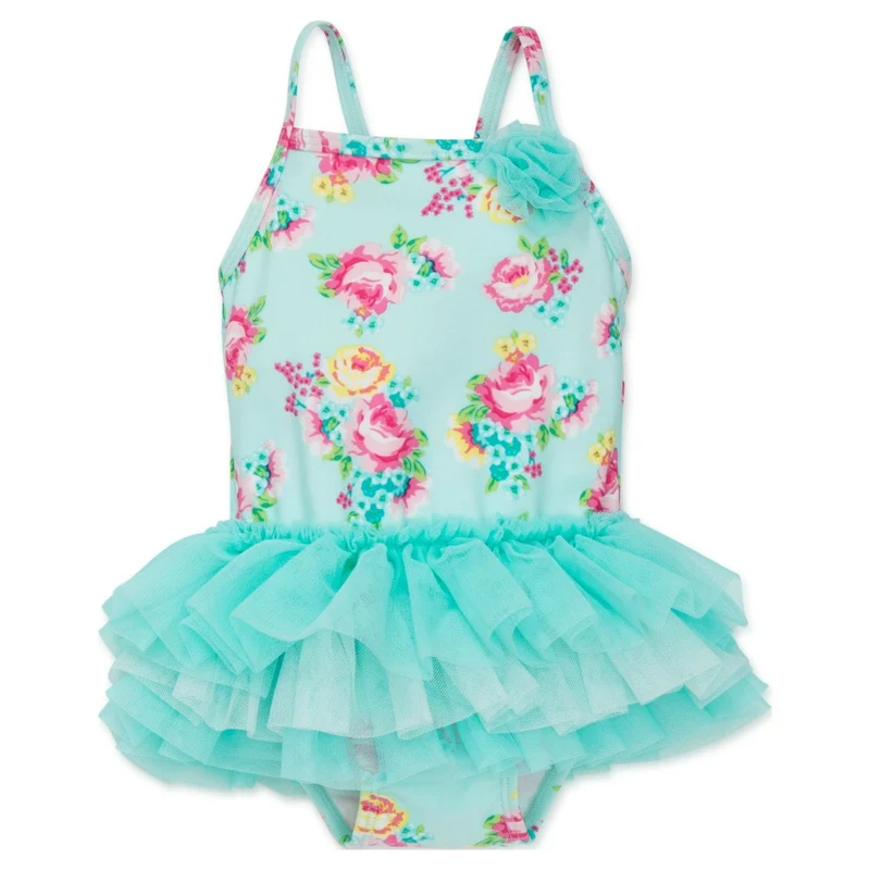 Toddler Girls Blue Floral Tutu 1 Pc Swimsuit