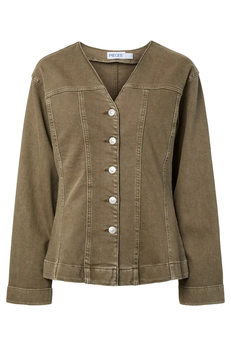 Pieces - Pcsilke Ls Col Denim Shirt - 5003563 Military Olive