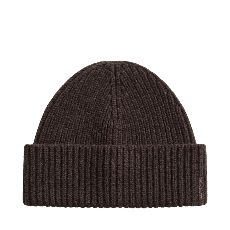 Wool Cashmere Blend Ribbed Beanie - Deep Brown