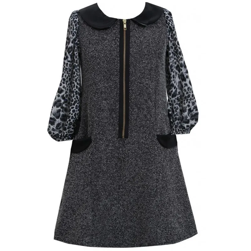 Black Tweed and Pleather Exposed Front Zip Pocket Dress 7 - 16