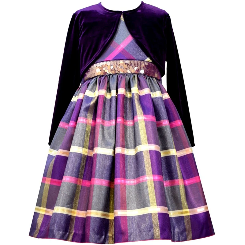Bonnie Jean Little Girls Purple Plaid Taffeta Cardigan Dress