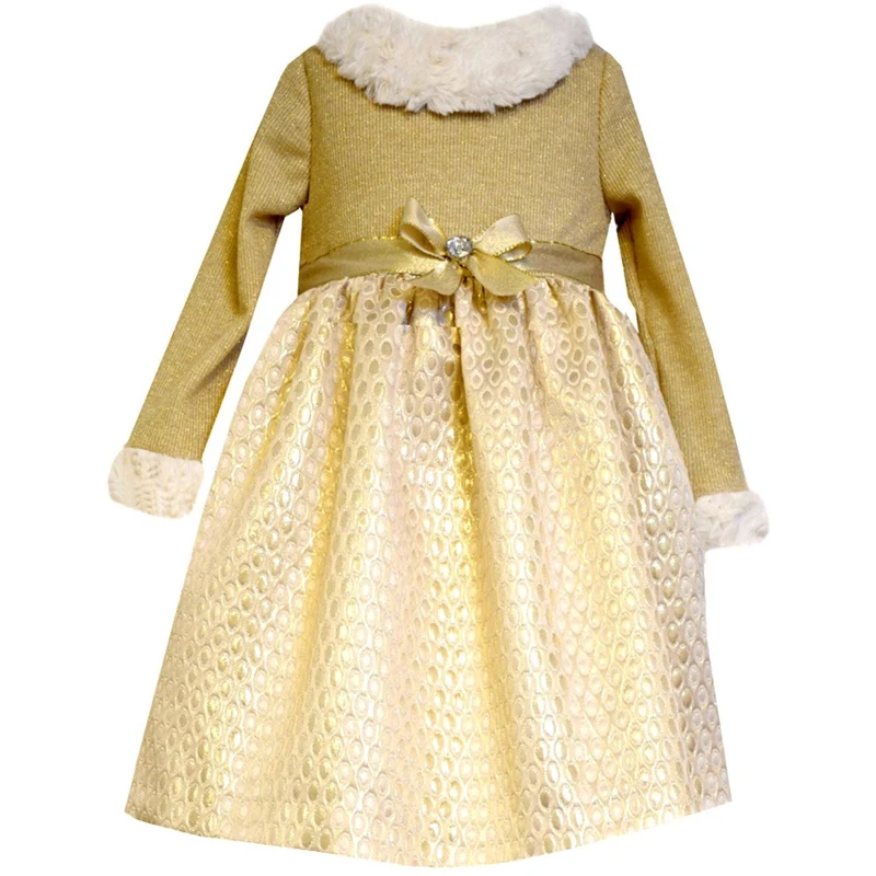 Bonnie Jean Little Girls Gold Knit Fur Trim Dress 2T - 6X