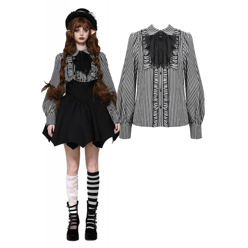 Gothic Lolita randig långärmad skjorta för kvinnor Grå