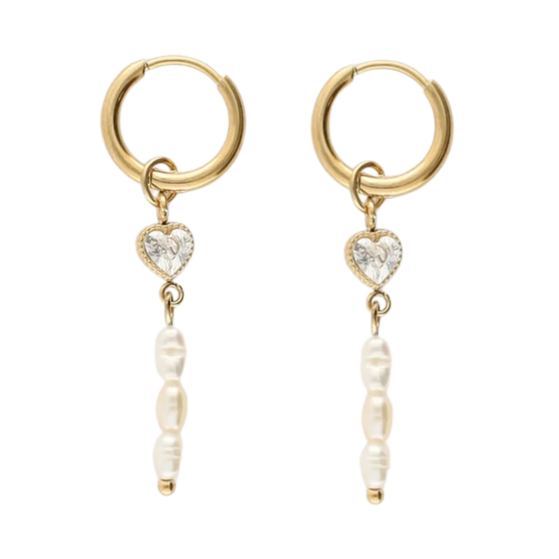 Hoop Earrings with Rhinestone Heart - Gold