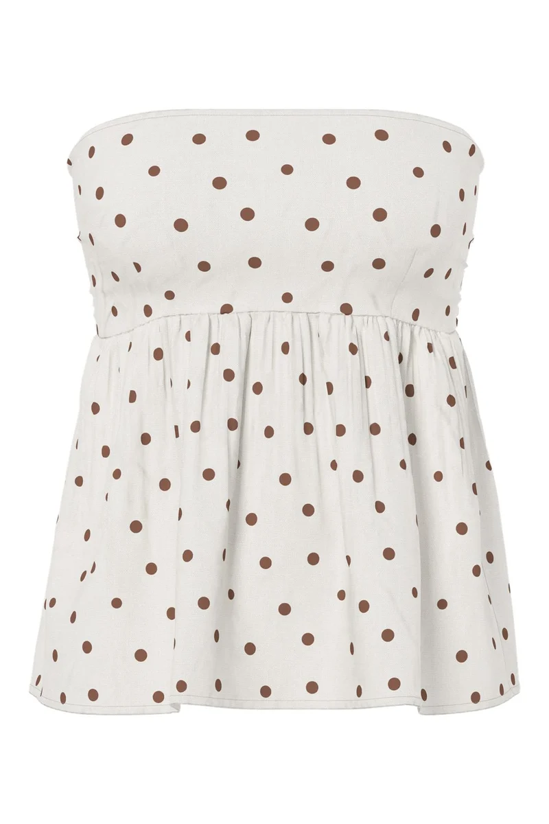 Pieces - Pcpia Strapless Top - 5082871 Birch Downtown Brown Polka Dots