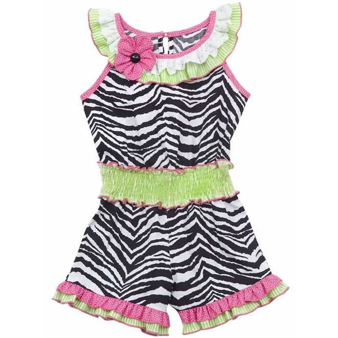 Zebra Print Romper With Fuchsia/ Lime Ruffle Trim