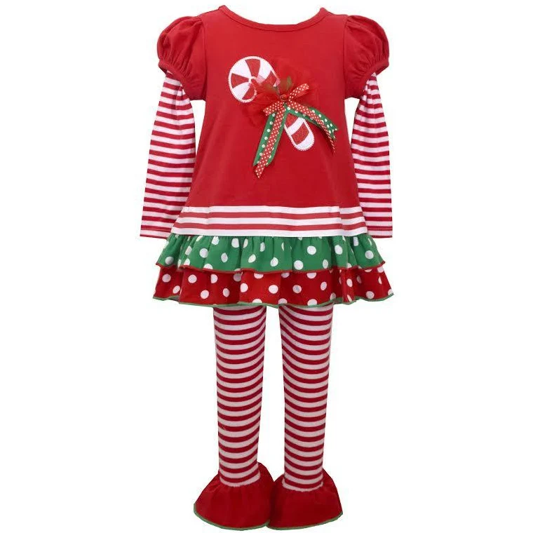 Bonnie Jean Girl Red Candy Cane Legging Christmas Set