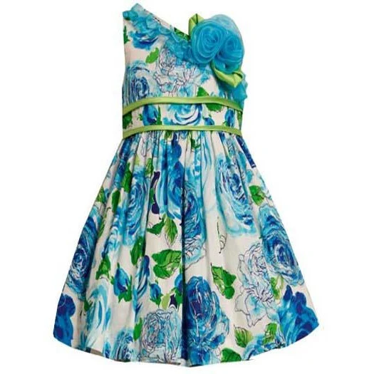 Girls Floral Blue One Shoulder Glitter Dress R26180