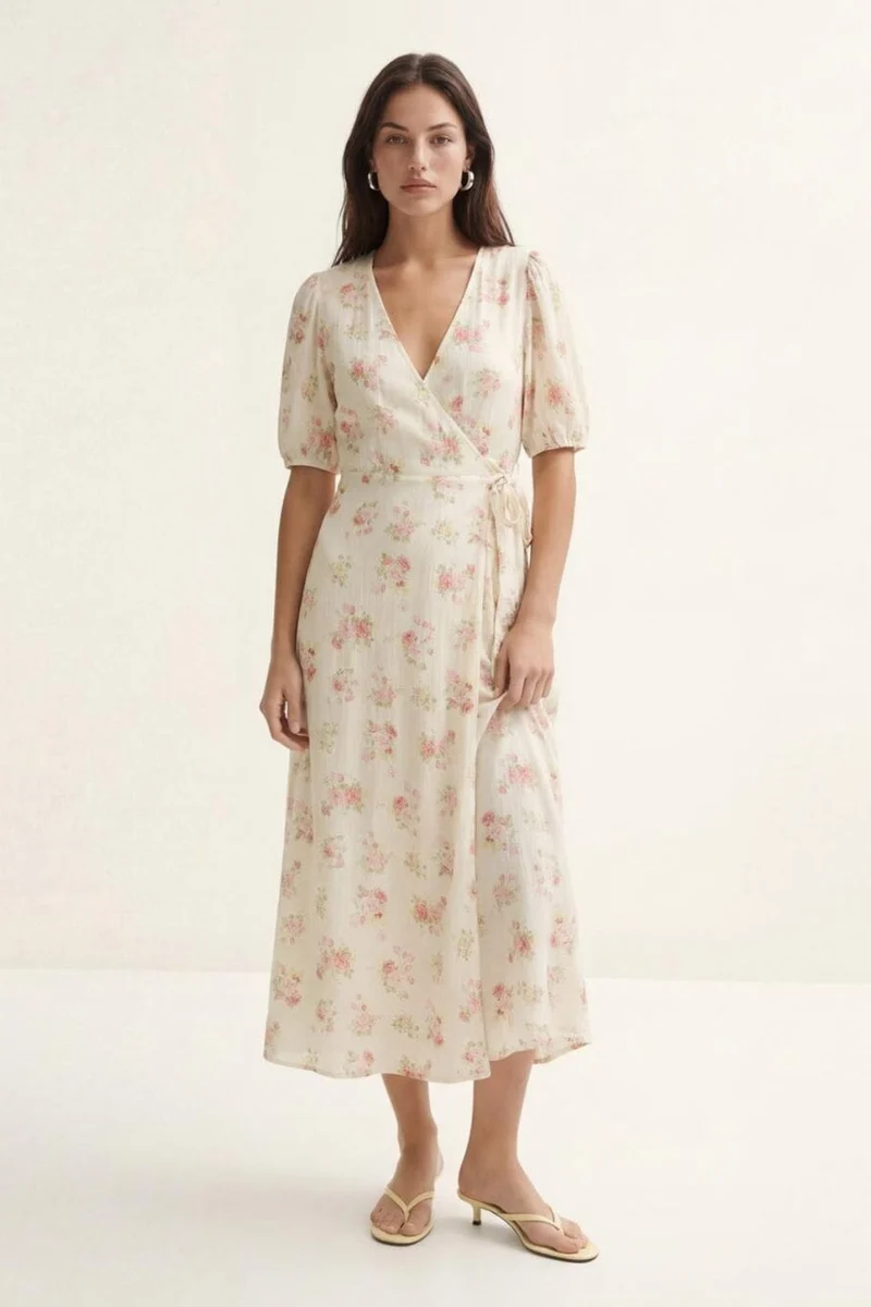 Vero Moda - Vmbella 2/4 V-Neck Wrap 7/8 Dress - 5037521 Birch Pink Bella Flower