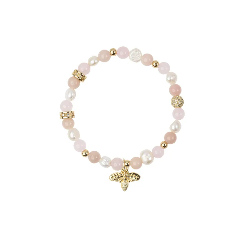Stone & Pearl Bead Bracelet 6 mm W/Charm - Rose Mix