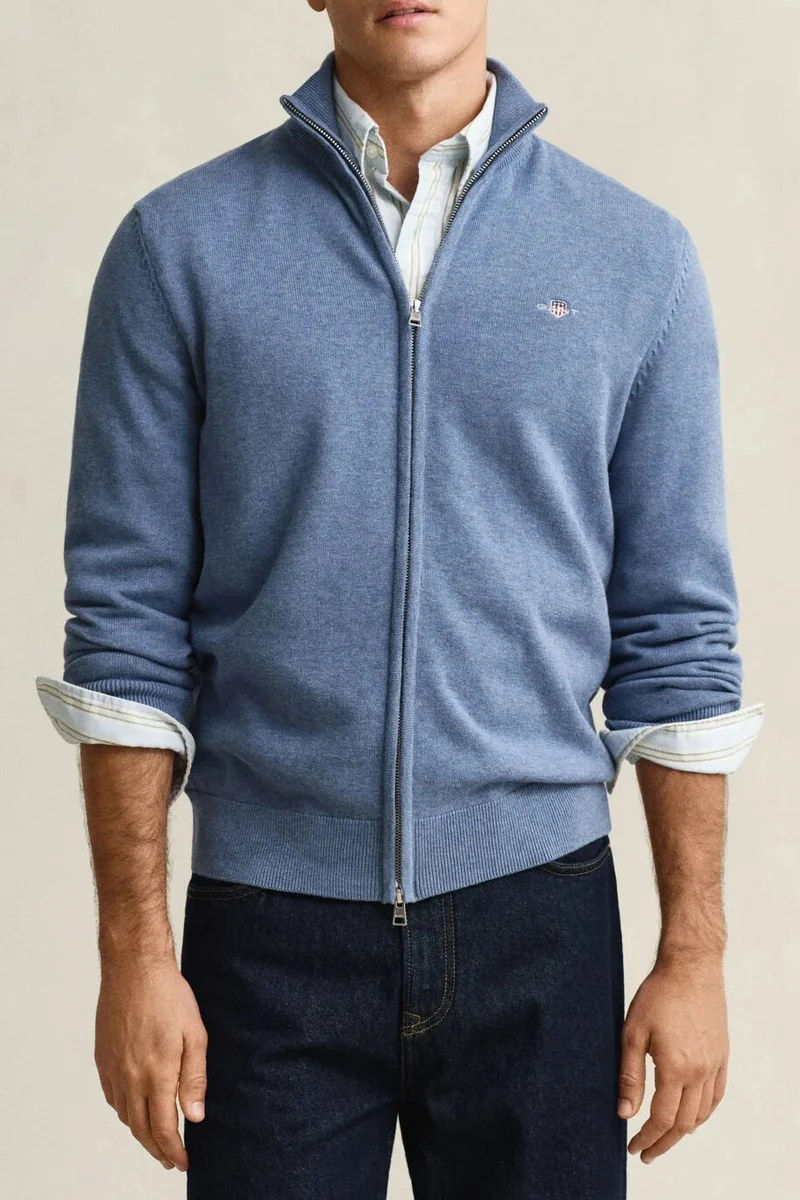 GANT Casual Cotton Zip Cardigan - Denim Blue Melange