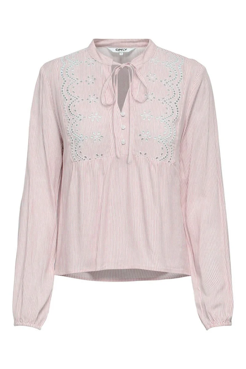 Only - Onllennyo Ls Embroid V-Neck Top - 5014009 Romance Rose Bright White