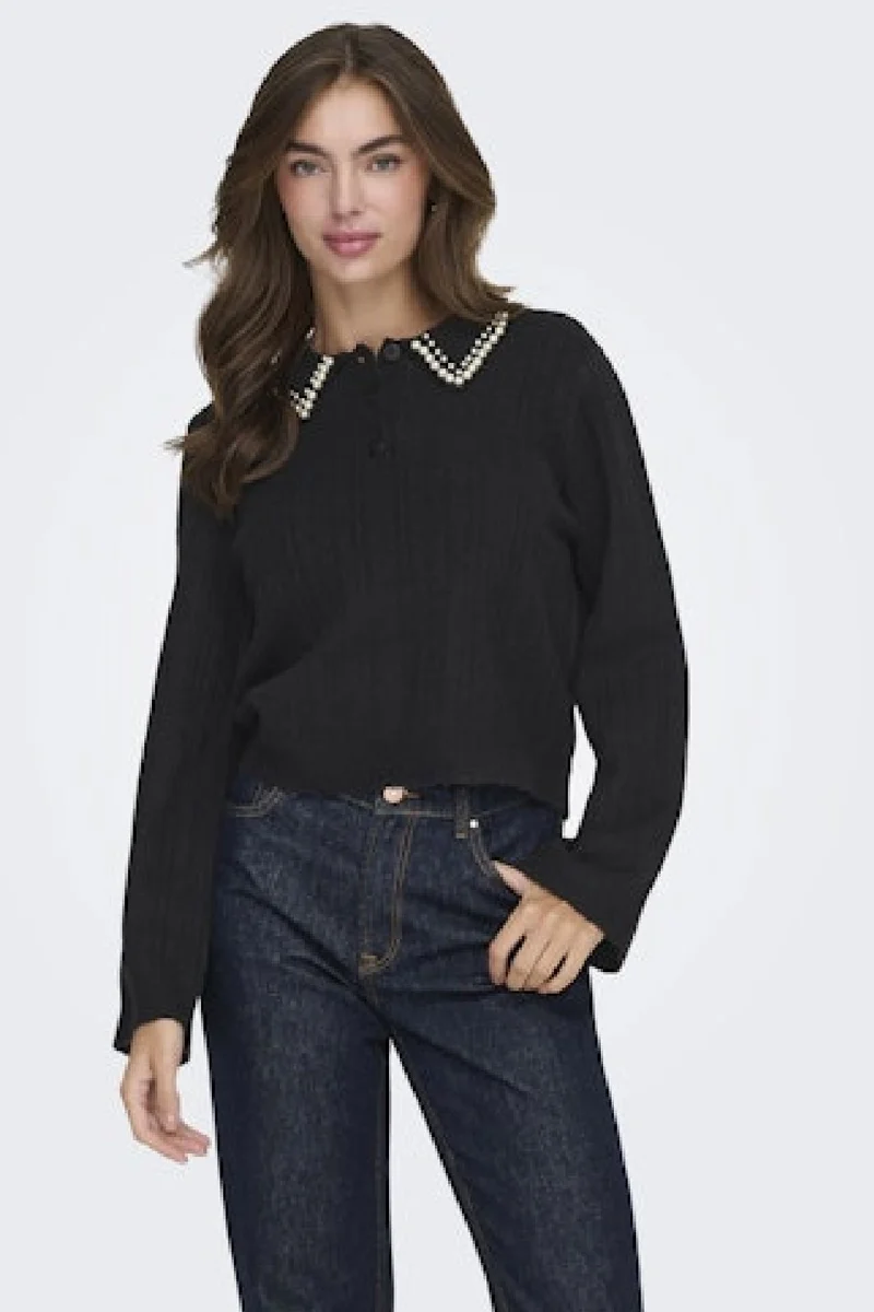 JDY - Jdyapril Life L/S Pearl Collar Pull Knt - 4867847 Black White Pearls