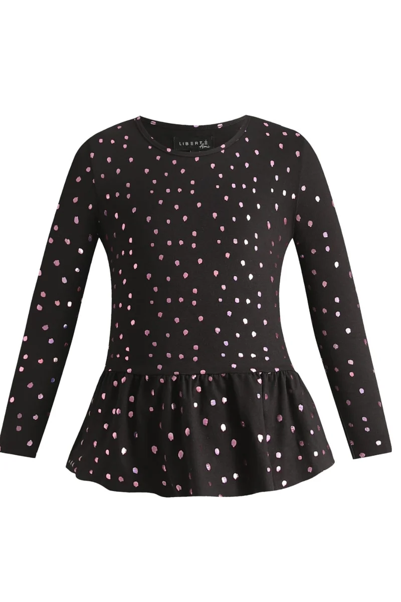 Liberte Ami - Alma-Ls-Frill-Tshirt (Kids) - Black Pink Holographic Dot