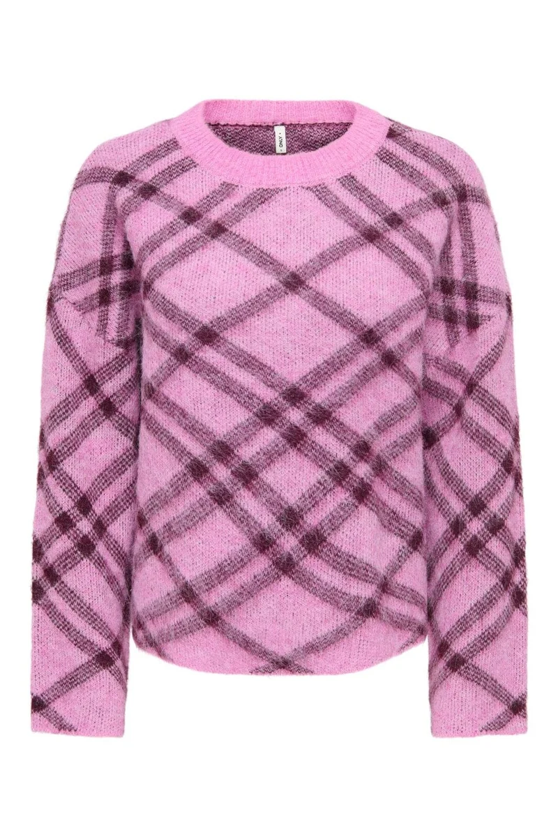 Only - Onlnoeme Ls Pattern O-Neck Knt - 5058399 Cyclamen Check/Fig/Mel