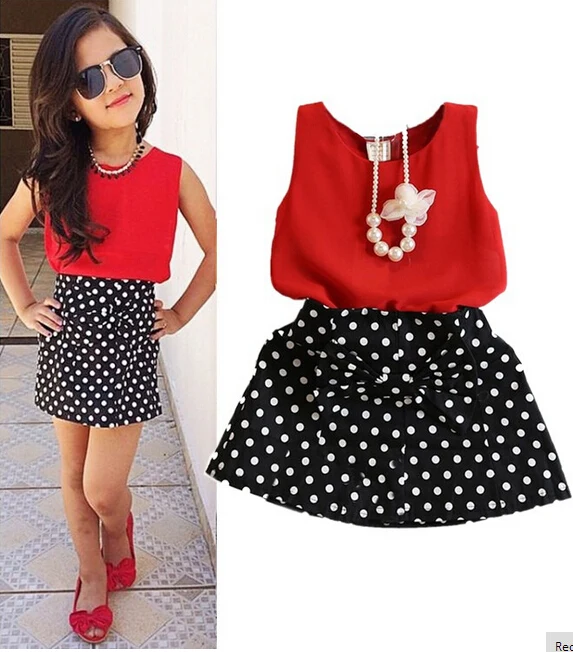 2016 New Summer Fashion Kids Girls Clothes Sleeveless Chiffon Tops Vest Polka Dot Bowknot Skirt Outfits Children Clothing Sets