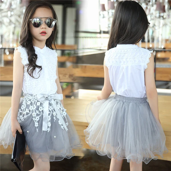 Fashion Baby Girls Clothing Sets New Summer 2017 Sleeveless Tops Tees + Lace Skirt 2 Pcs Suit Casual Children Pullover Clothes