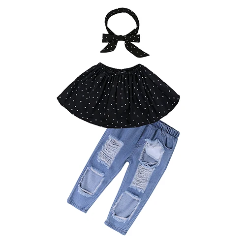 Kids Baby Girl stripe Off Shoulder Hanging neck Top + pink hole pants Outfits Clothes Summer 3Pcs Kid Girls Clothing Set Dtz376