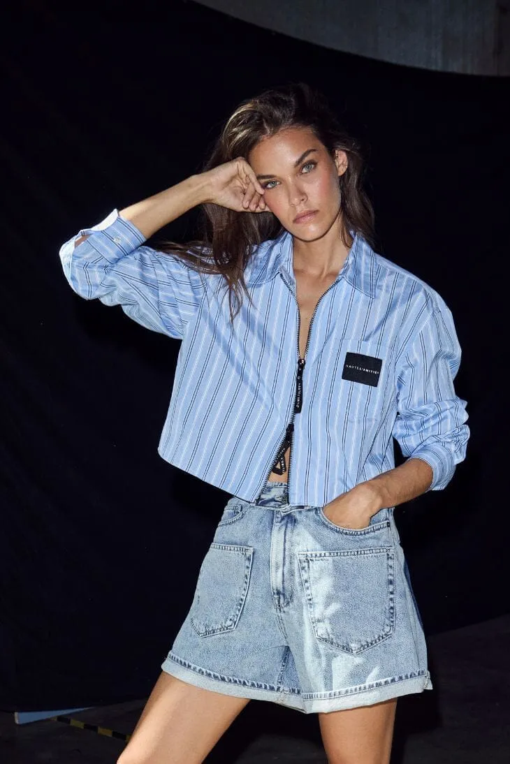 Haute L'Amitié - Crop Stripe Zip Shirt Hl10979 - Pale Blue