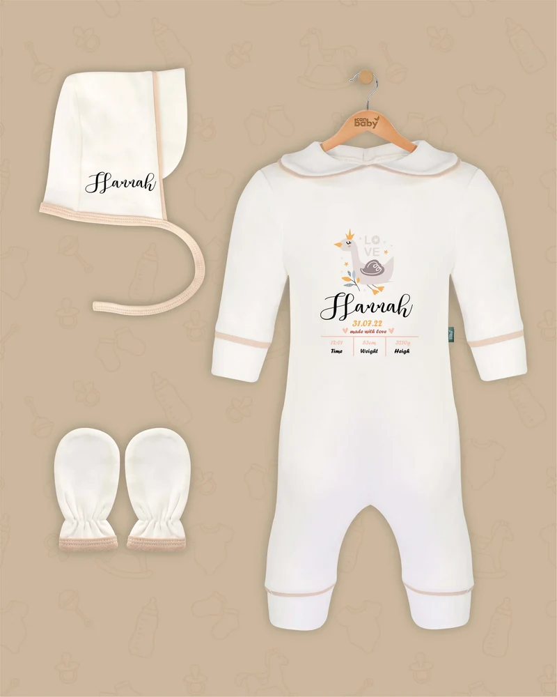 Lief Eendje | Boxpakje met Muts en Anti-krabwantjes | Beige en Marineblauw | Luxe Baby Cadeau