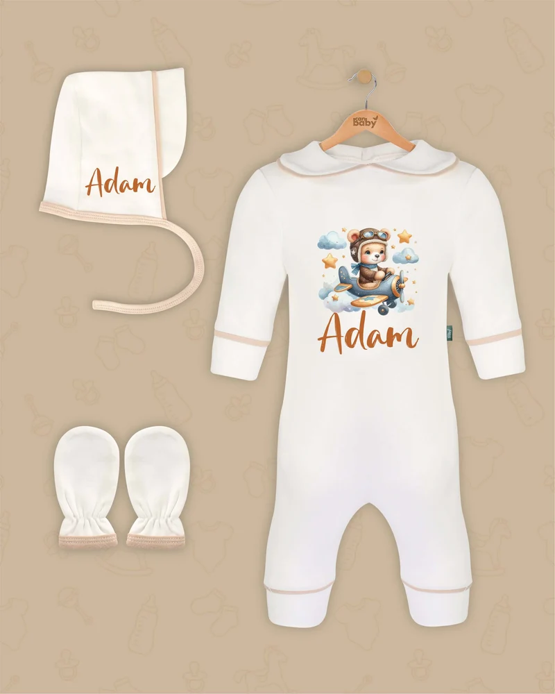Astronoot Beer | Boxpakje met Muts en Anti-krabwantjes | Beige en Marineblauw | Luxe Baby Cadeau