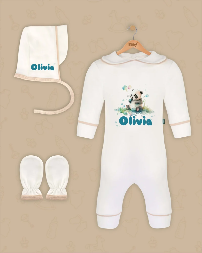 Speelse Panda & Bubbels | Boxpakje met Muts en Anti-krabwantjes | Beige en Marineblauw | Luxe Baby Cadeau