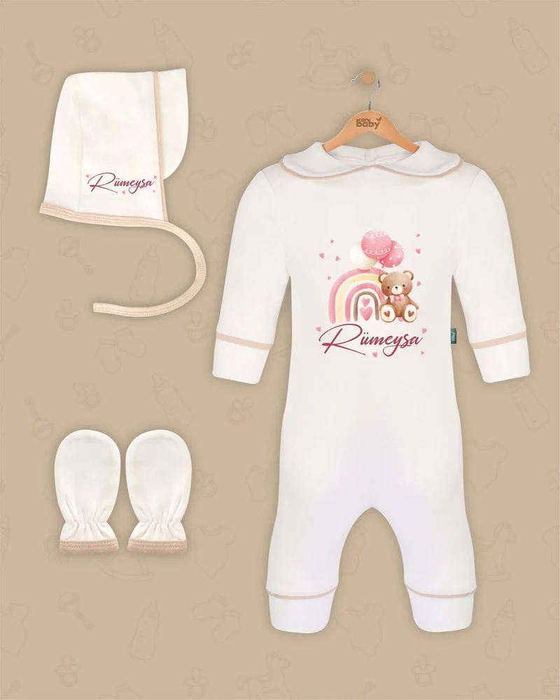 Lieflijke Beer en Regenboog | Boxpakje met Muts en Anti-krabwantjes | Beige en Marineblauw | Luxe Baby Cadeau