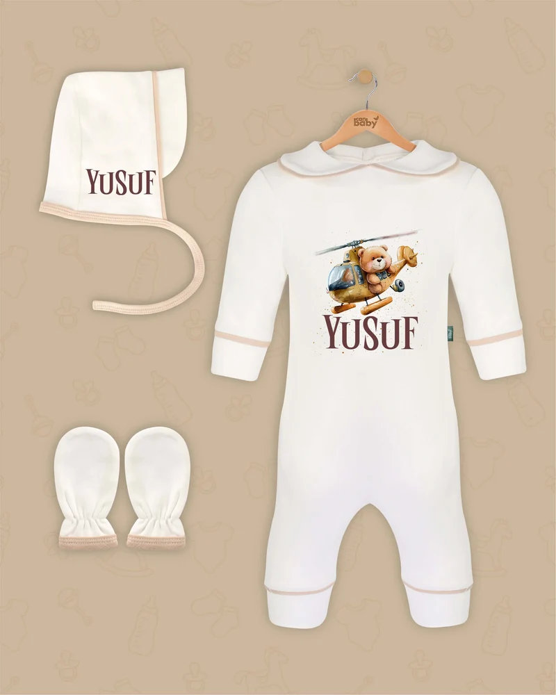 Schattige Beer Piloot | Boxpakje met Muts en Anti-krabwantjes | Beige en Marineblauw | Luxe Baby Cadeau