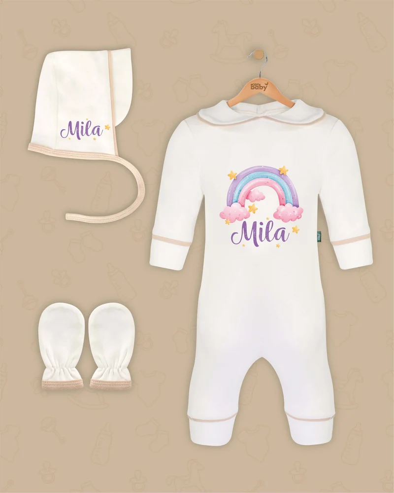 Pastel Wolkjes en Regenboog | Boxpakje met Muts en Anti-krabwantjes | Beige en Marineblauw | Luxe Baby Cadeau