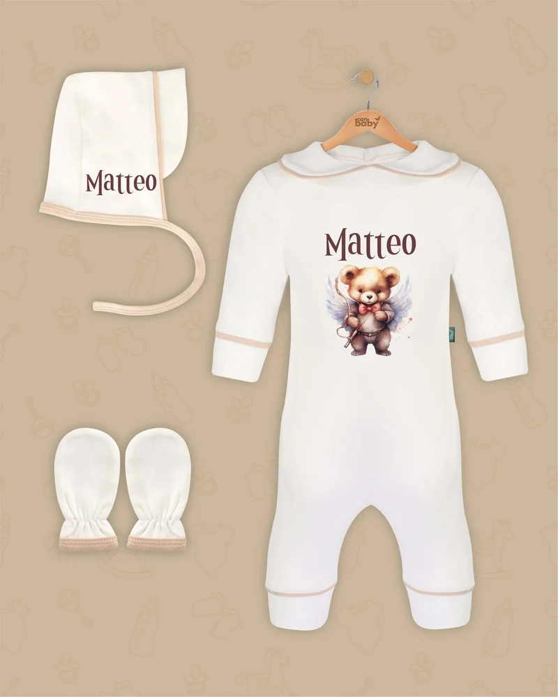 Gouden Engelbeer | Boxpakje met Muts en Anti-krabwantjes | Beige en Marineblauw | Luxe Baby Cadeau