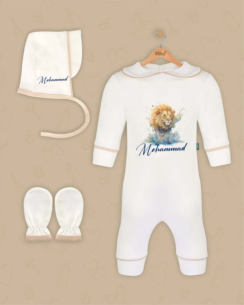 Koninklijke Leeuw | Boxpakje met Muts en Anti-krabwantjes | Beige en Marineblauw | Luxe Baby Cadeau