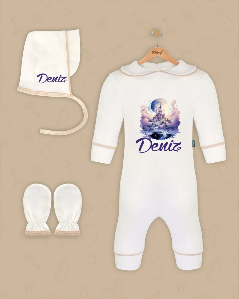 Magisch Kasteel| Boxpakje met Muts en Anti-krabwantjes | Beige en Marineblauw | Luxe Baby Cadeau