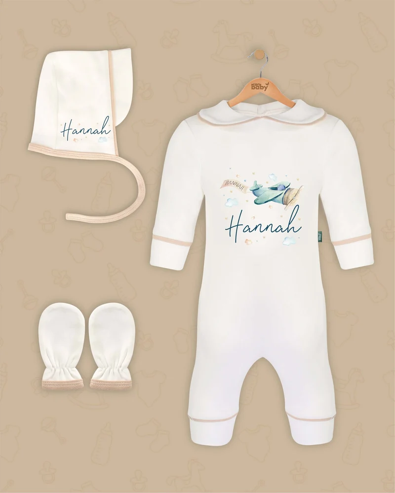 Baby Piloten | Boxpakje met Muts en Anti-krabwantjes | Beige en Marineblauw | Luxe Baby Cadeau