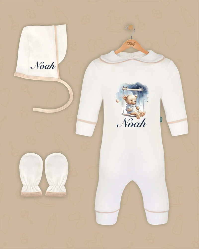 Teddy Droomwereld | Boxpakje met Muts en Anti-krabwantjes | Beige en Marineblauw | Luxe Baby Cadeau